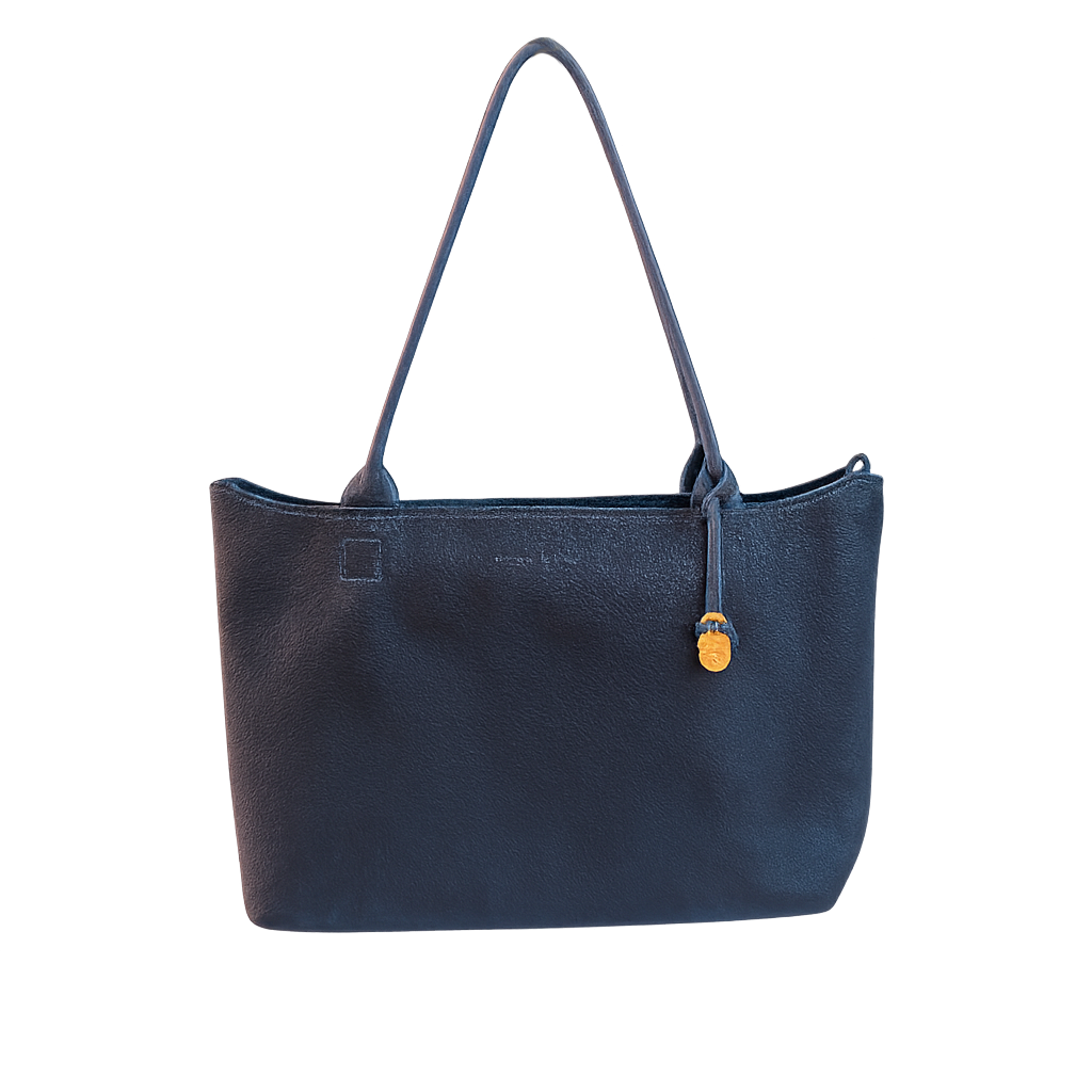 Navy leather tote bag with a gold clasp on a white background