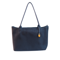 Navy leather tote bag with a gold clasp on a white background