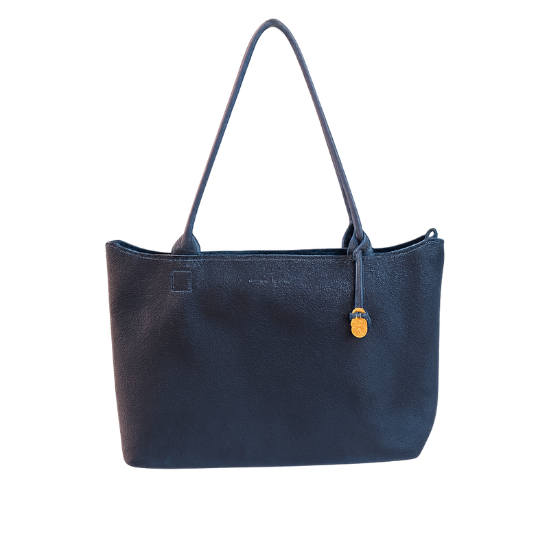 Navy leather tote bag with a gold clasp on a white background