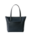 Black leather tote bag on a white background