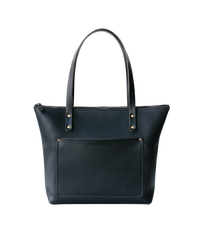 Black leather tote bag on a white background