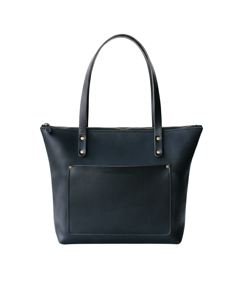 Black leather tote bag on a white background
