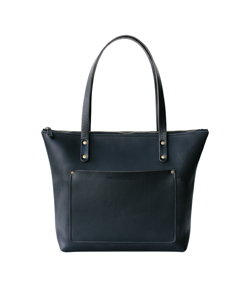 Black leather tote bag on a white background