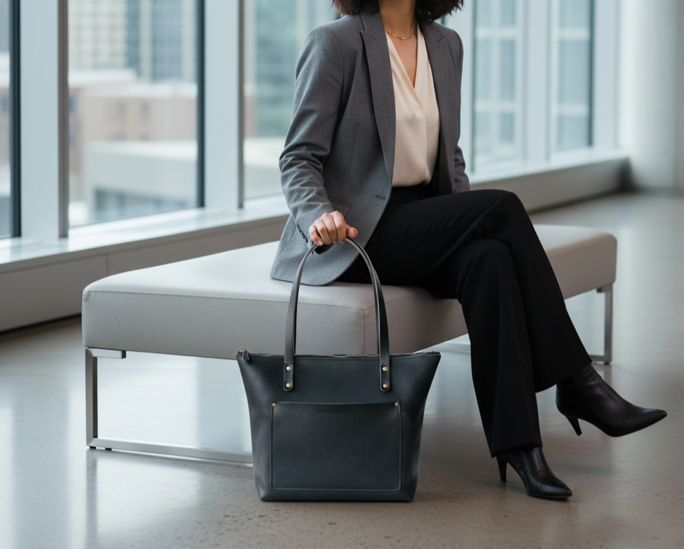 Woman in professional attire holding a black tote in an office setting.