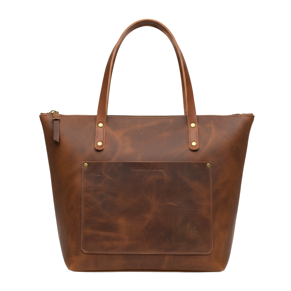 Brown leather tote bag with visible brand name on a white background