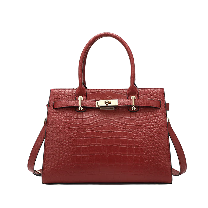 Burgundy croc tote with gold hardware on a white background