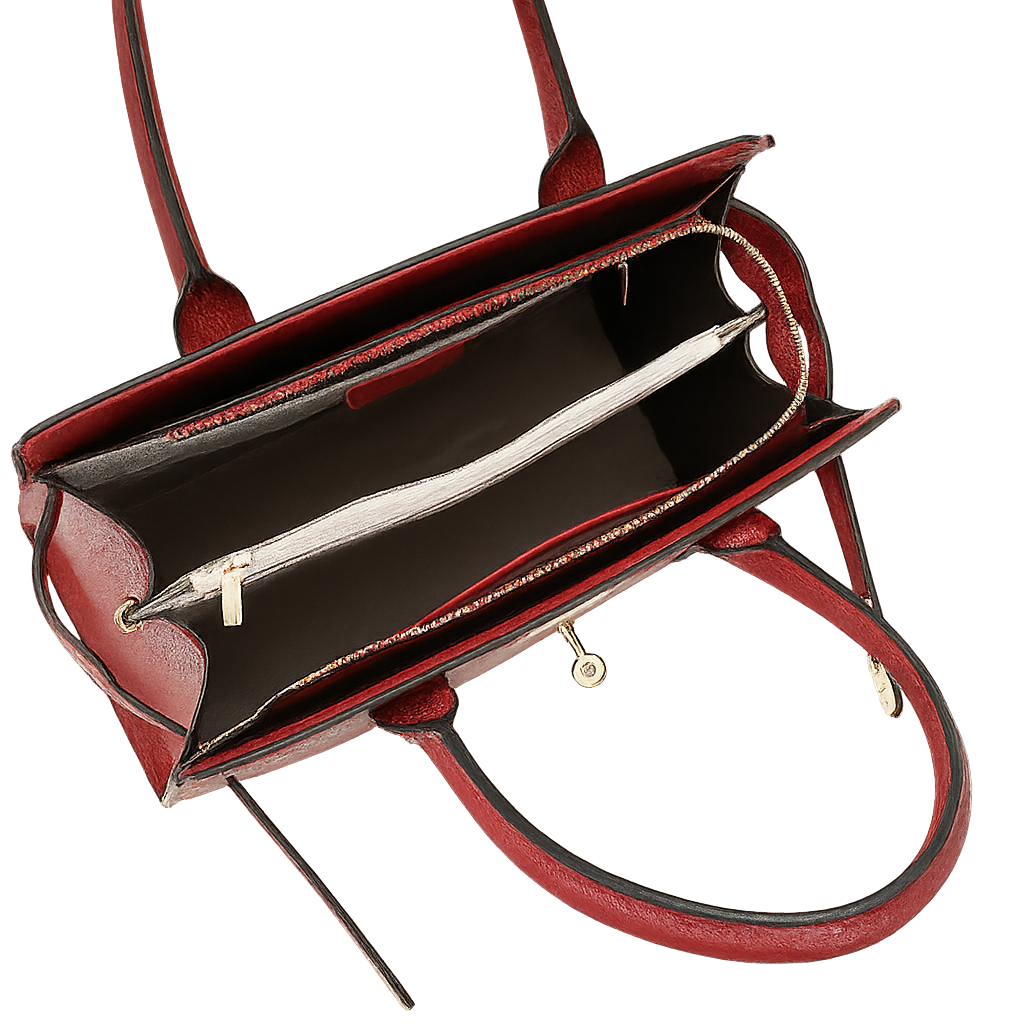Burgundy croc leather tote handbag with gold zipper on a white background