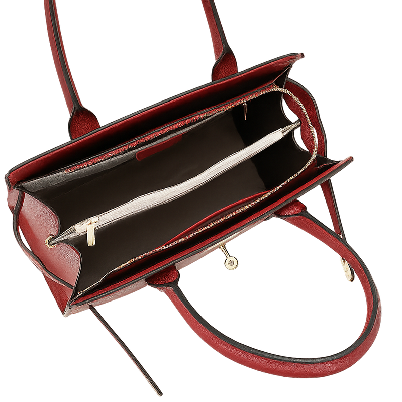 Burgundy croc leather tote handbag with gold zipper on a white background