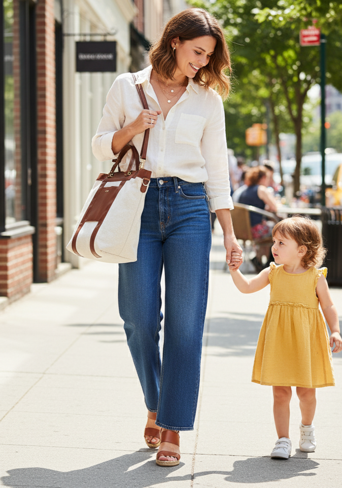 Woman in white shirt and blue jeans  carrying a canvas diaper tote and holding hands with a child in a yellow dress on a city street.