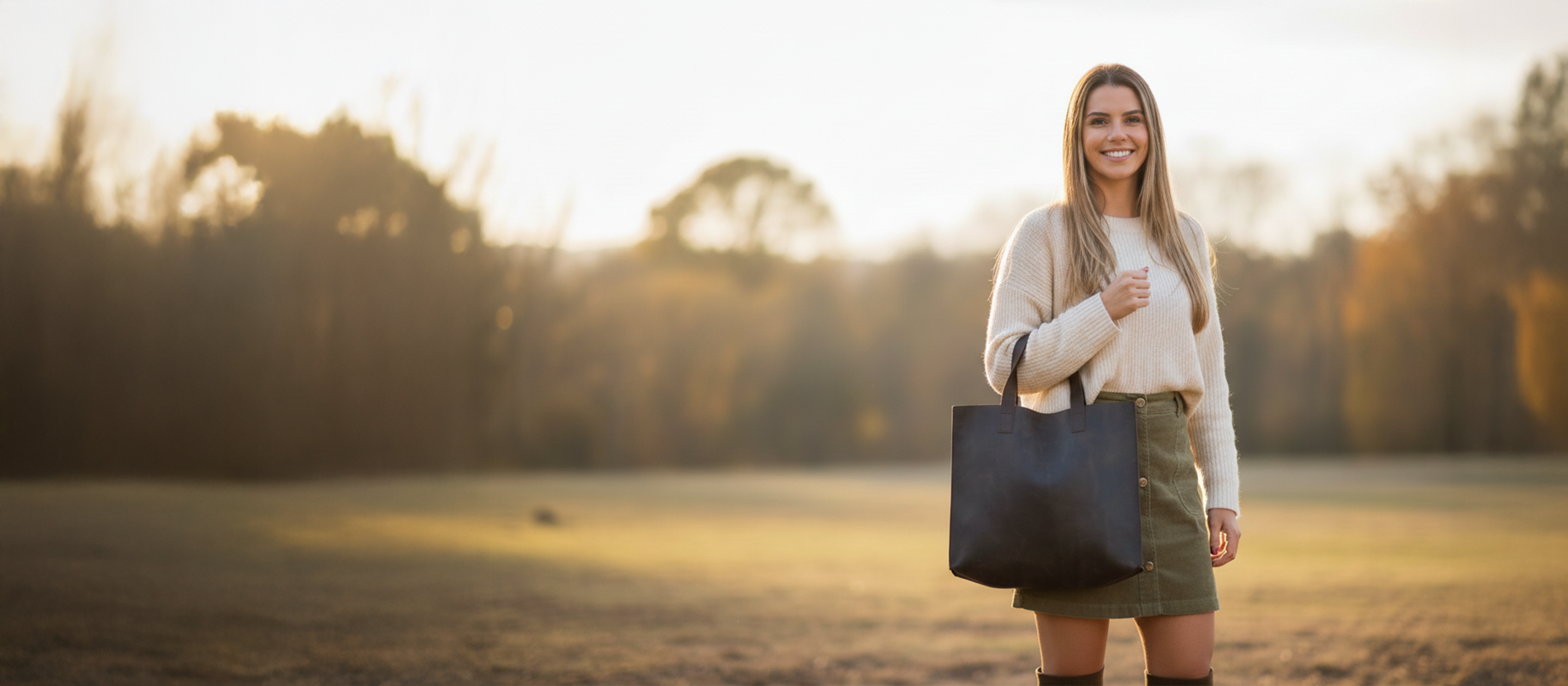 Woman holding a dark brown tote bag in a field with a blurred background