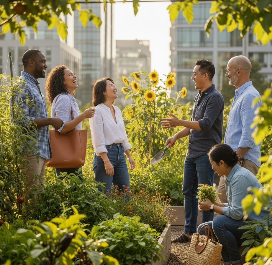 Group of people interacting in an urban garden with buildings in the background representing LuxaTote Giving Back