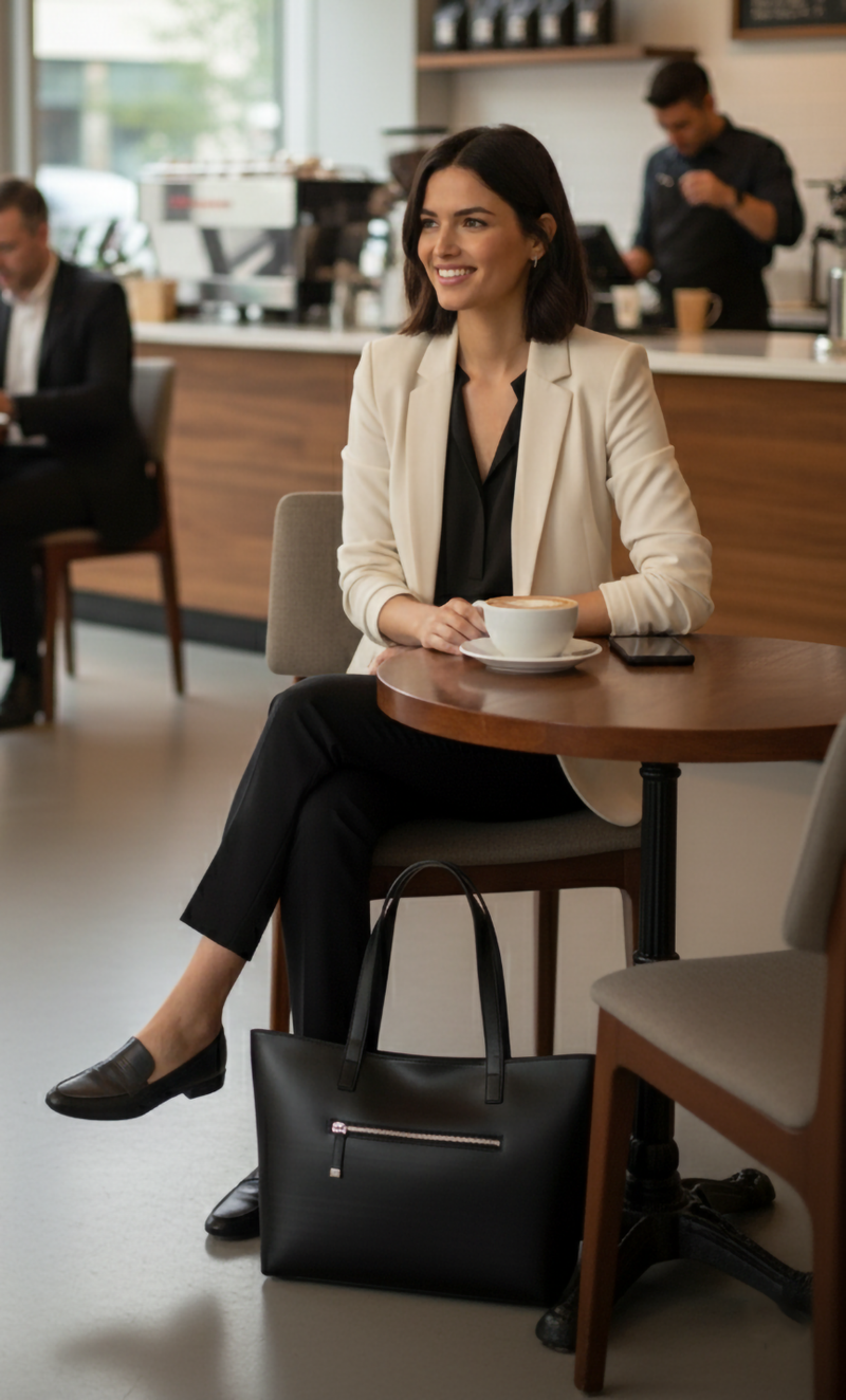 Woman sitting at a table in a cafe holding a cup of coffee and a black leather tote at her feet