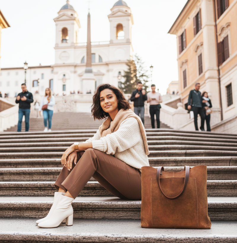 Woman sitting on steps with a brown leather tote in an urban setting