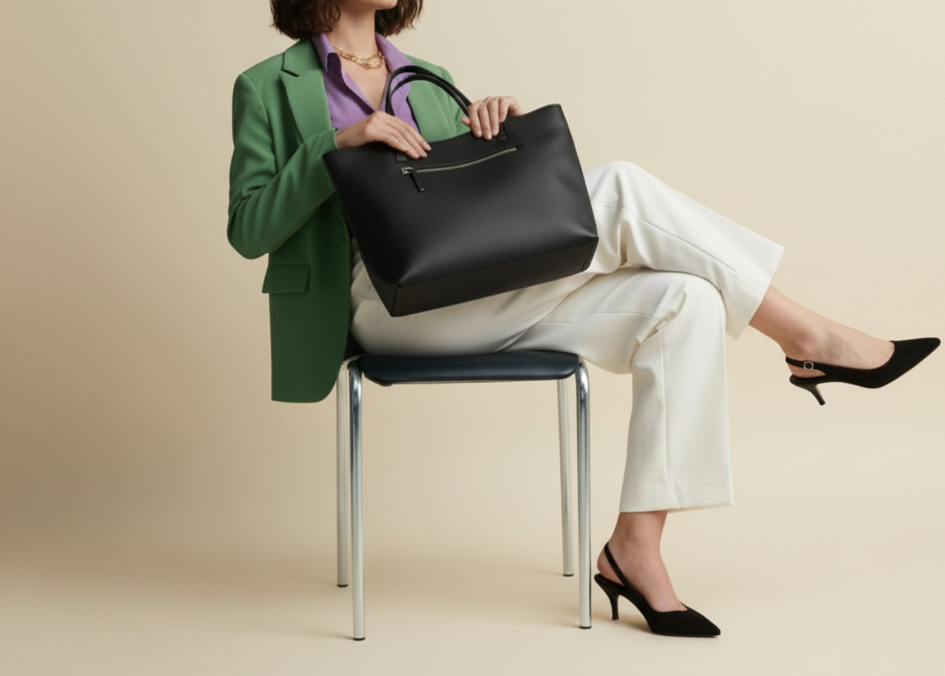 Woman sitting on a chair holding a black leather tote against a beige background