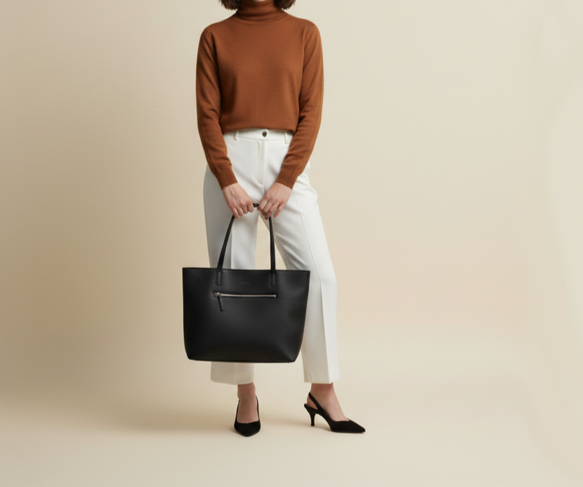 Woman holding a black leather tote against a beige background