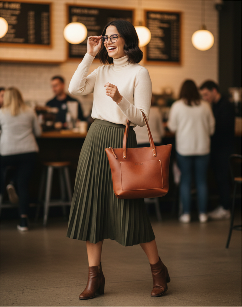 Woman in a cafe wearing a white sweater, green pleated skirt, and brown leather tote.