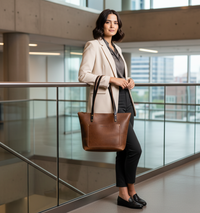 Woman holding a mocha leather tote bag in an indoor setting with glass walls.