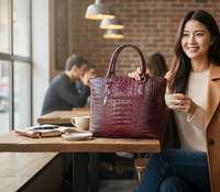 Woman holding a red vegan leather croc tote and a cup of coffee in a cafe.