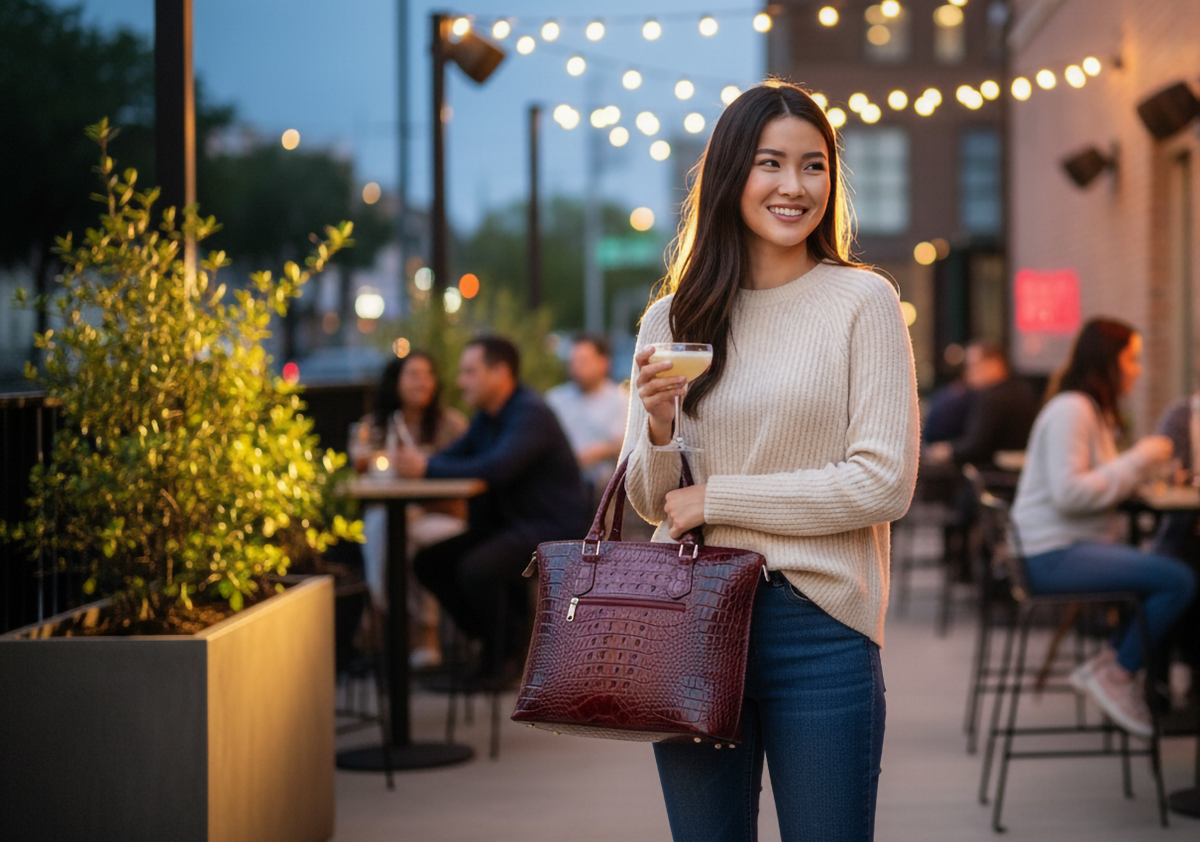 Woman holding a drink and a red vegan leather tote in an outdoor setting with people and lights in the background
