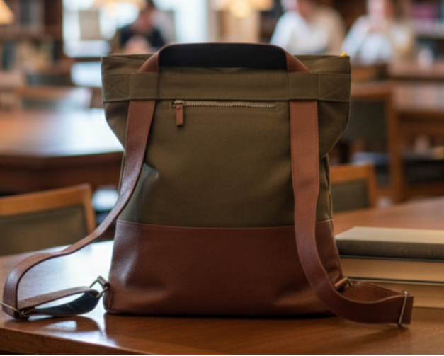 Green backpack convertible tote bag on a wooden table in a library setting with bookshelves and people in the background.