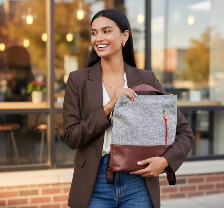 Woman holding a gray and brown convertible tote backpack bag outdoors