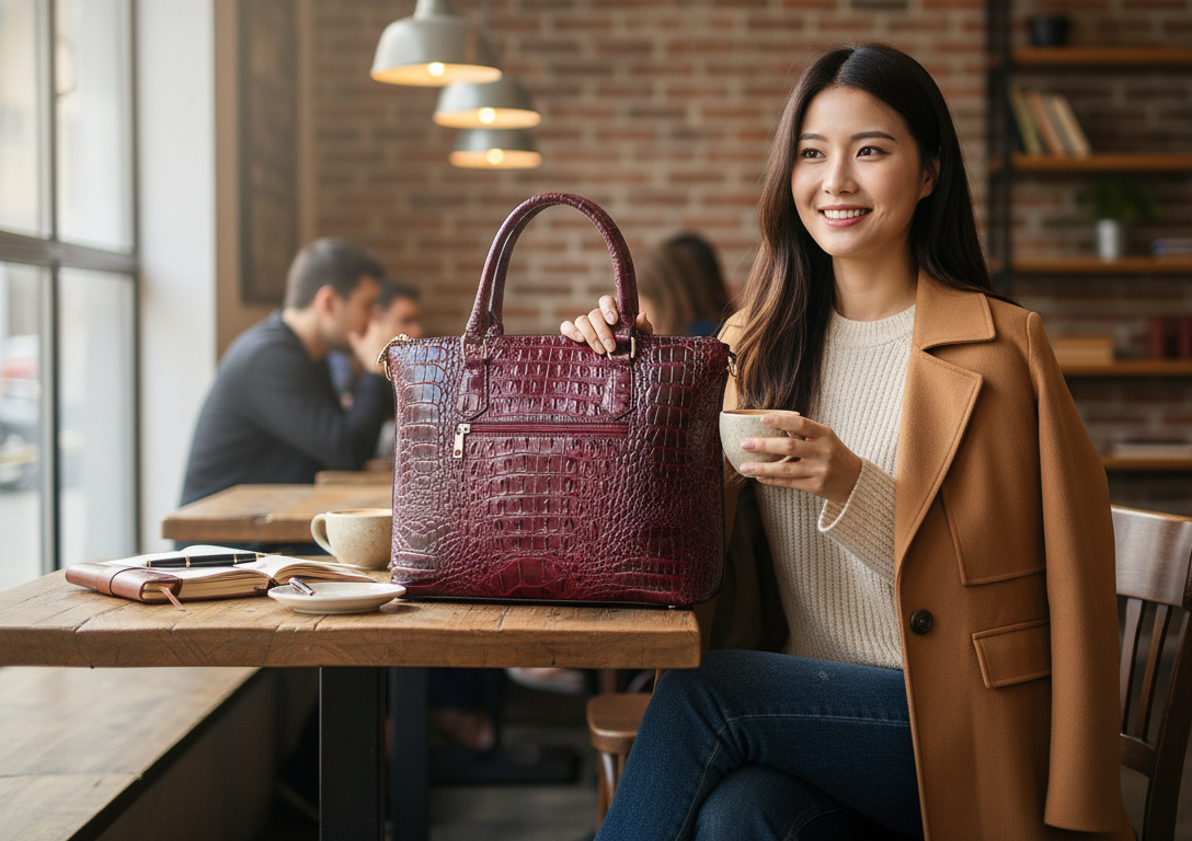 Woman holding a red vegan leather tote and a cup of coffee in a cafe.