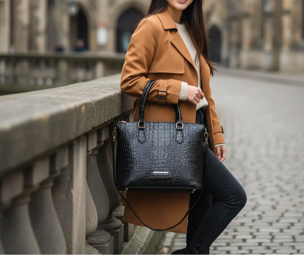 Woman in a brown coat holding a black vegan leather tote in an urban setting