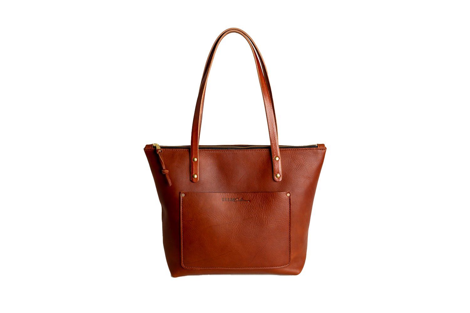Cognac leather tote bag on a white background