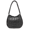 Black quilted handbag with braided handle on a white background