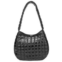 Black quilted handbag with braided handle on a white background