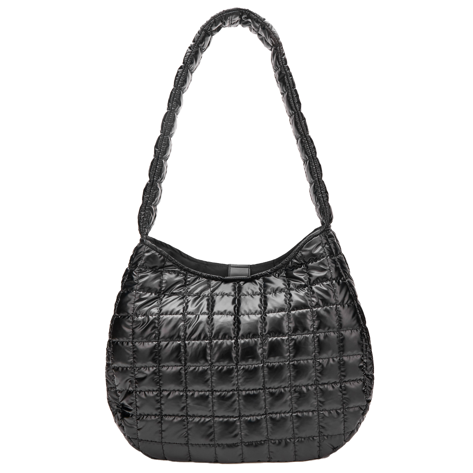 Black quilted handbag with braided handle on a white background
