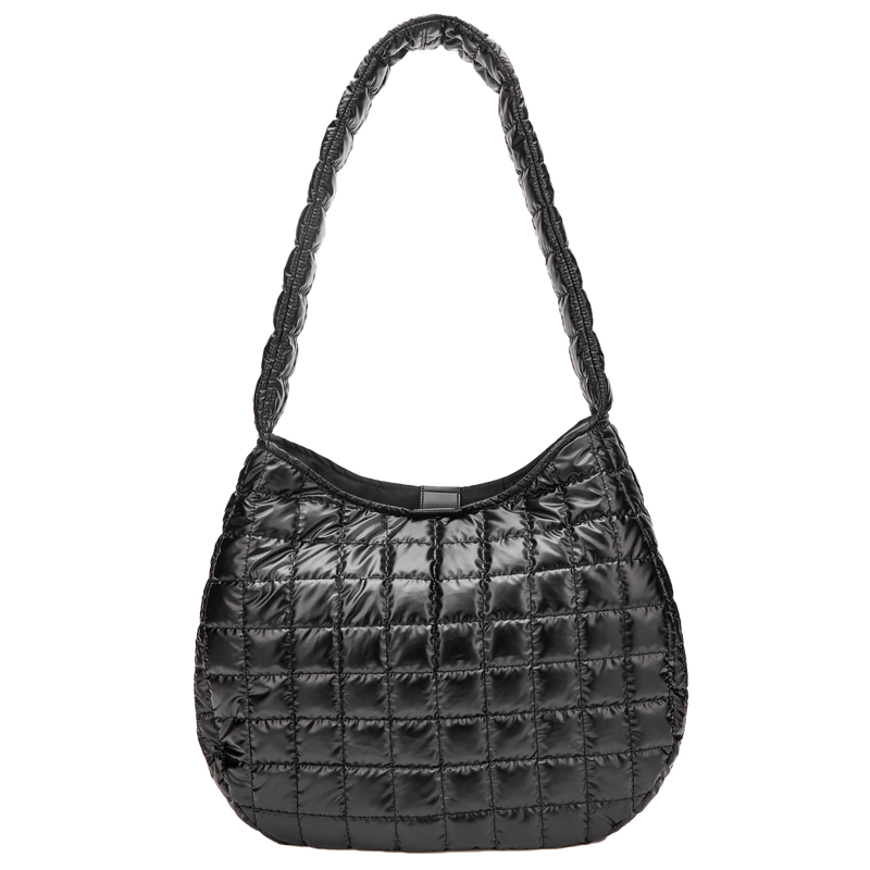 Black quilted handbag with braided handle on a white background