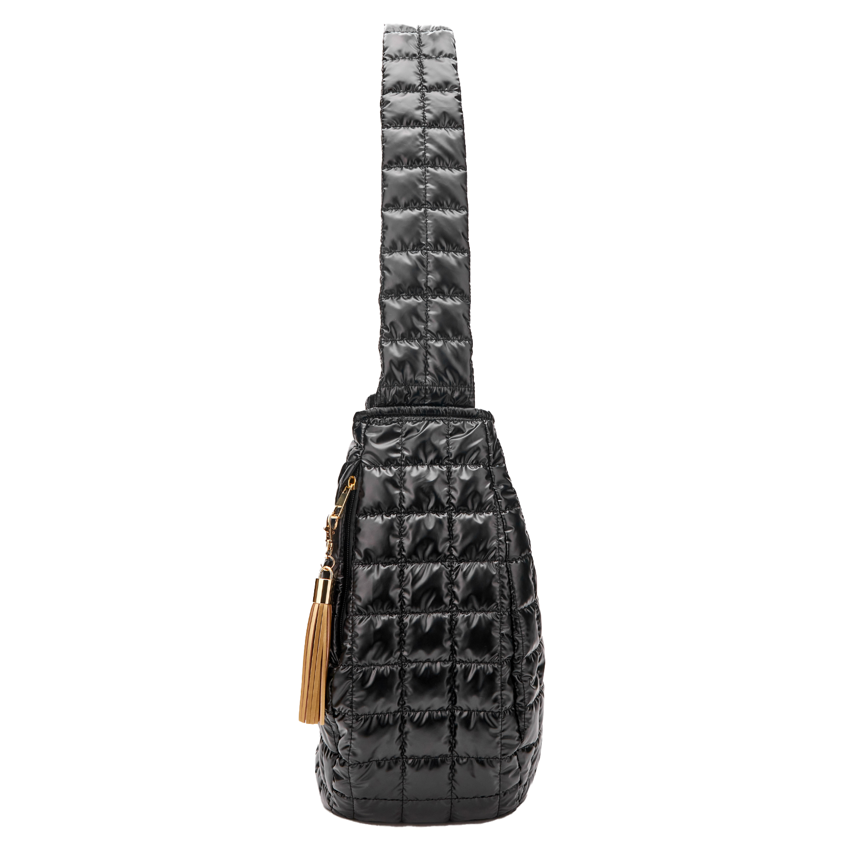 Black quilted crossbody bag with a gold tassel on a white background