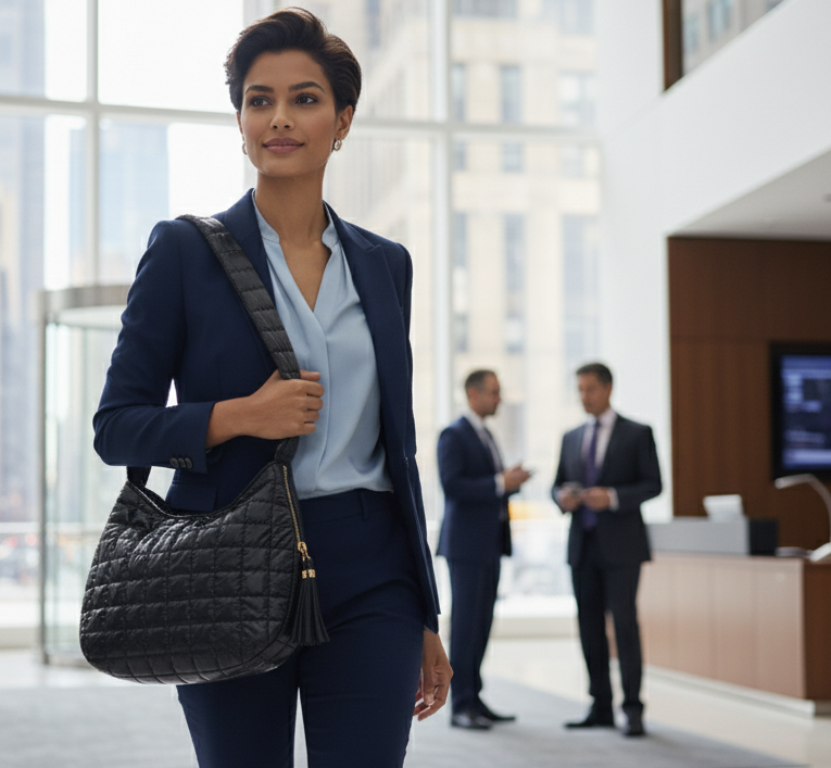 Woman in a business suit holding a black handbag in an office setting