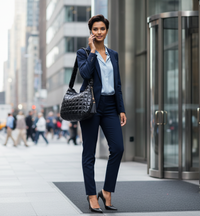 Woman in a business suit and a black puffy bag, talking on a phone in an urban setting