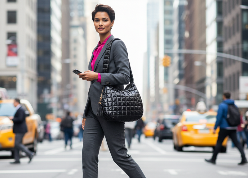 Woman in a gray suit with a black quilted handbag on a city street.