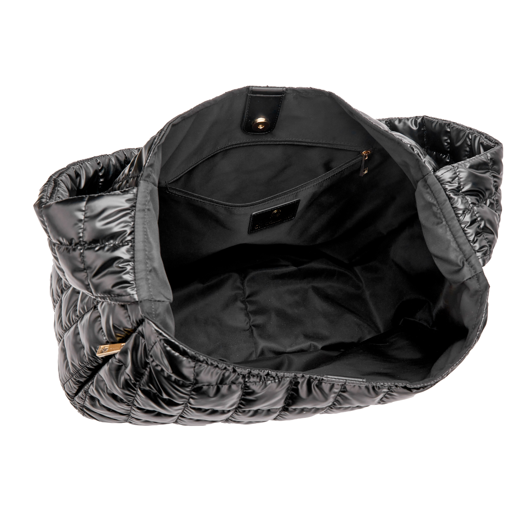 Black quilted bag with a white background